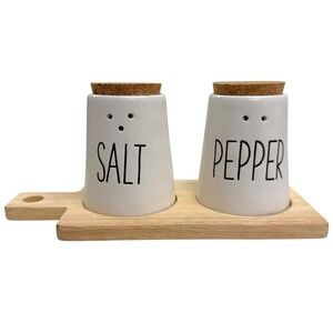 Pier 1 Imports Ceramic Salt & Pepper Shakers Wood Base Minimalistic Discontinued